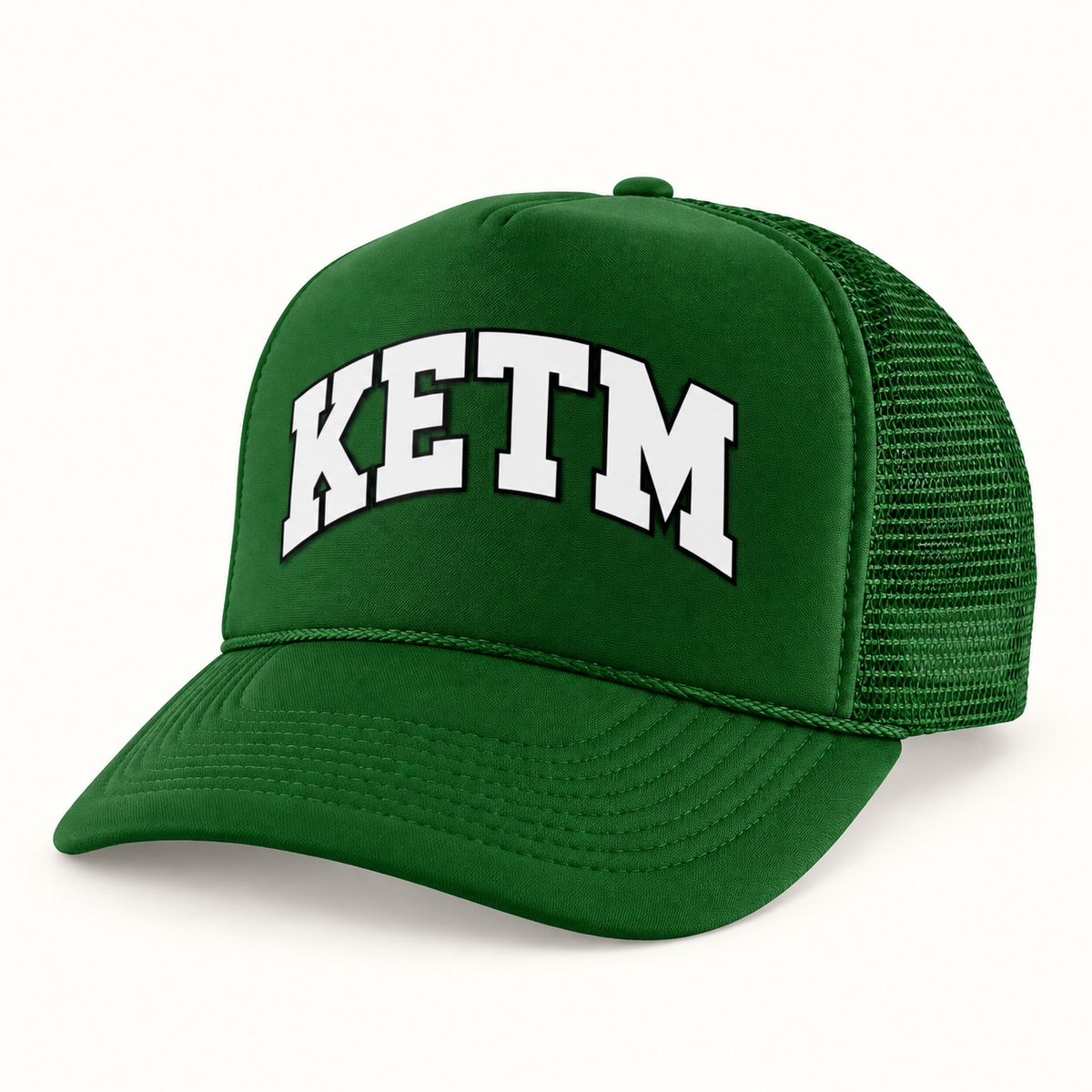 KETM foam-front trucker hat in Dark Green, arched DTF logo mockup