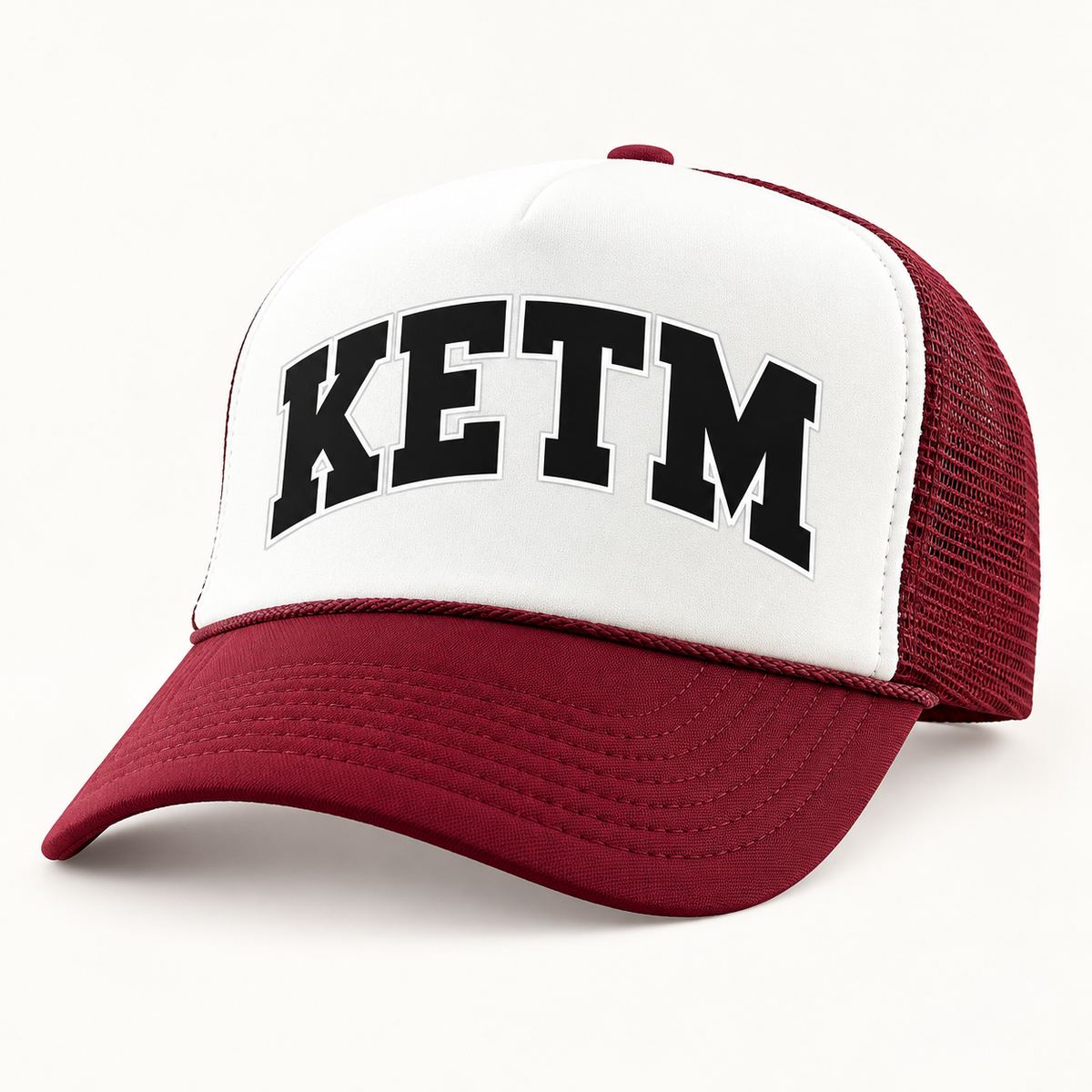 KETM foam-front trucker hat in Maroon White, arched DTF logo mockup