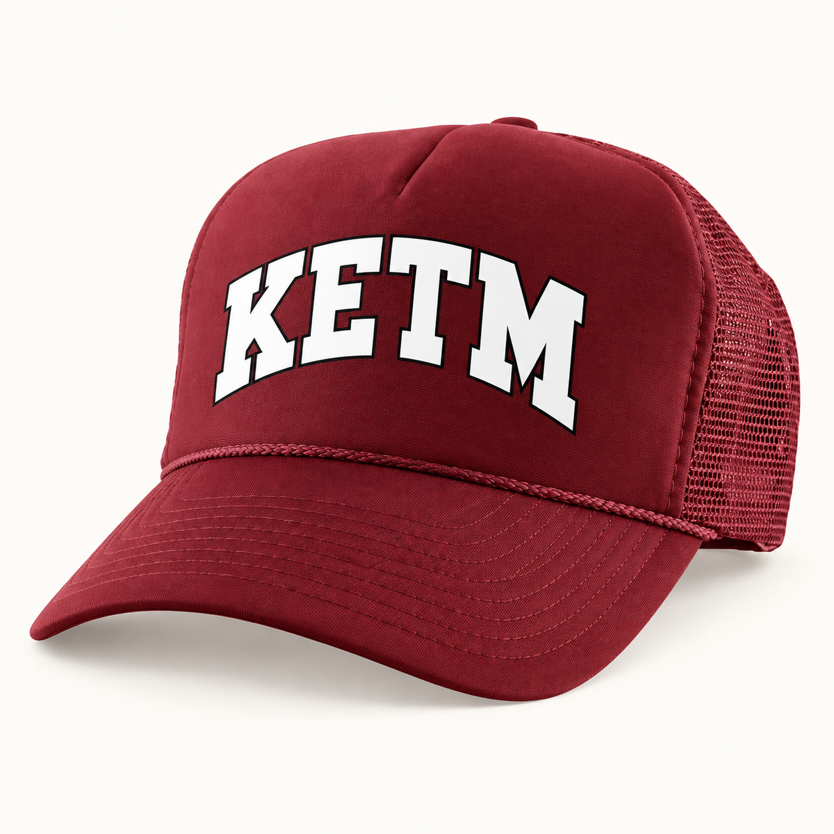 KETM foam-front trucker hat in Maroon, arched DTF logo mockup