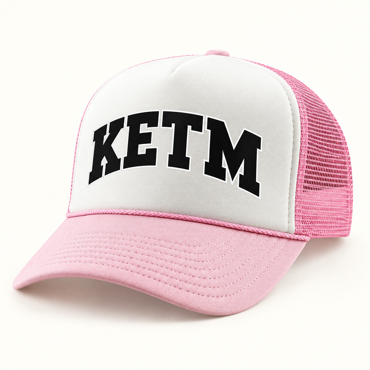 KETM foam-front trucker hat in Pink White, arched DTF logo mockup