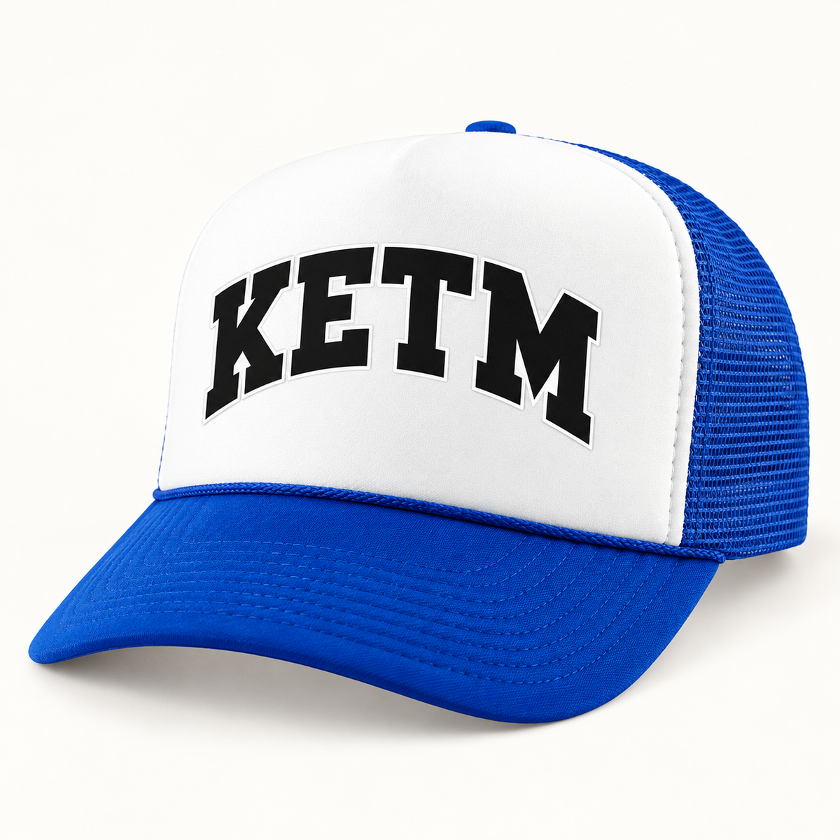 KETM foam-front trucker hat in Royal White, arched DTF logo mockup