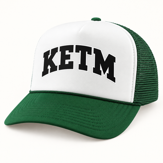 KETM foam-front trucker hat in Dark Green White, arched DTF logo mockup
