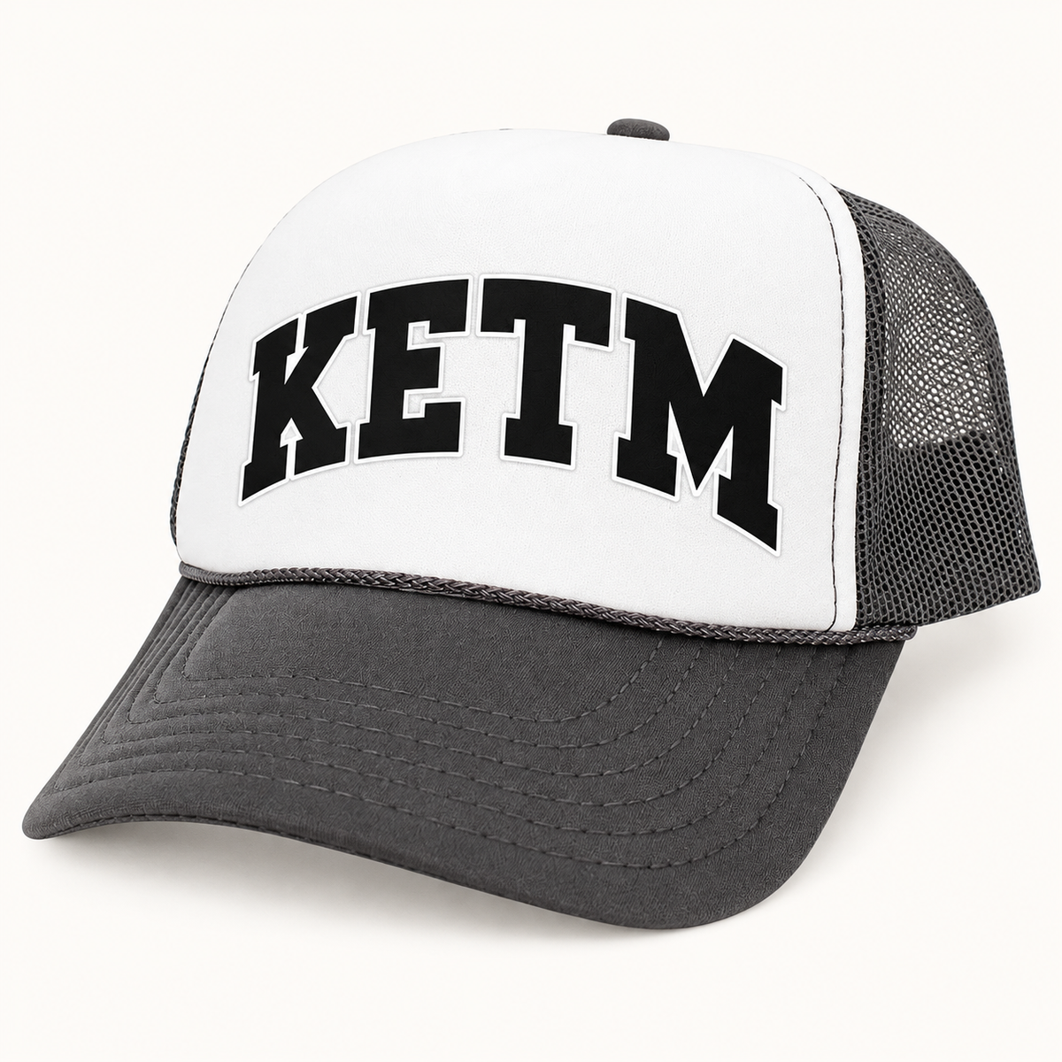 KETM foam-front trucker hat in Dark Grey White, arched DTF logo mockup