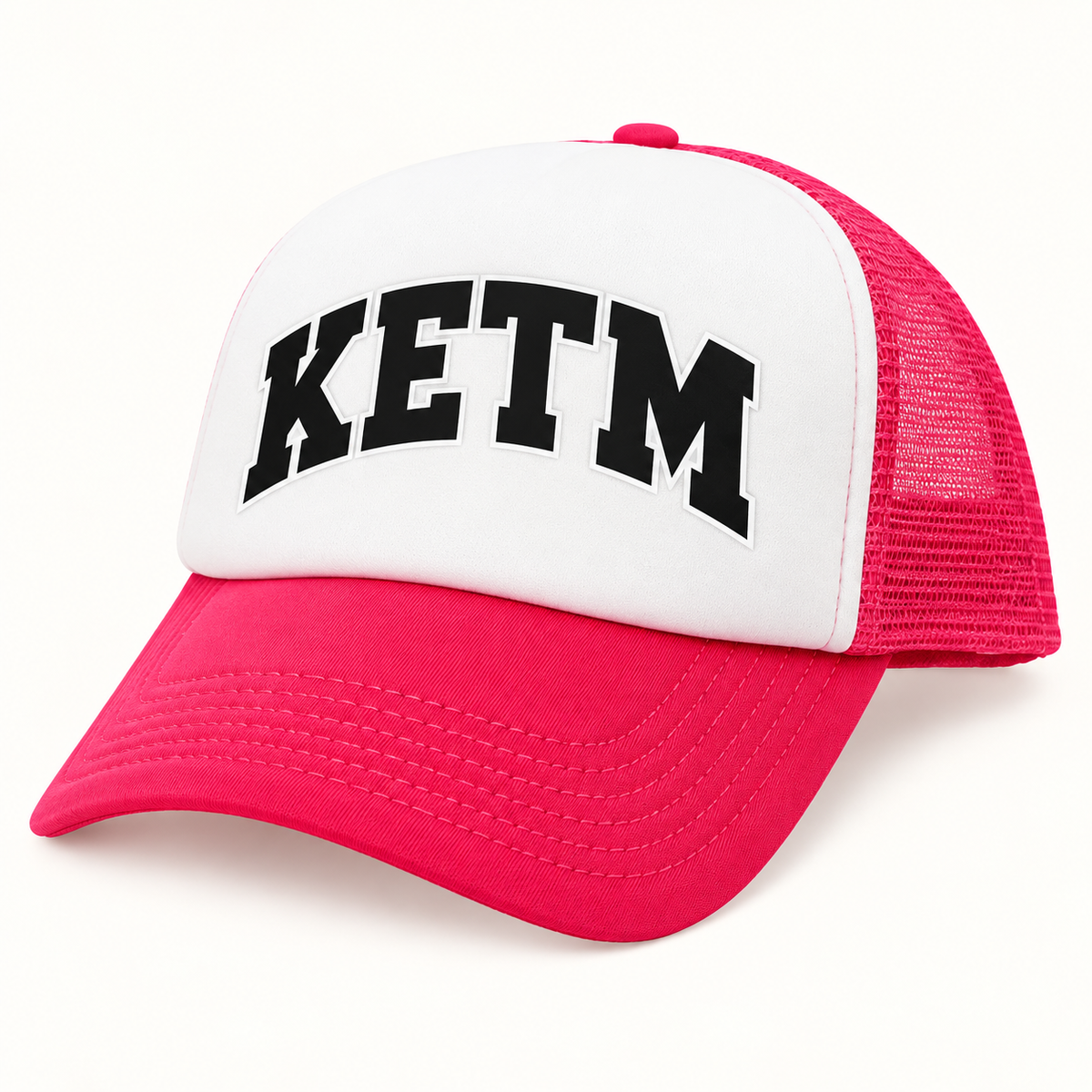 KETM foam-front trucker hat in Hot Pink White, arched DTF logo mockup