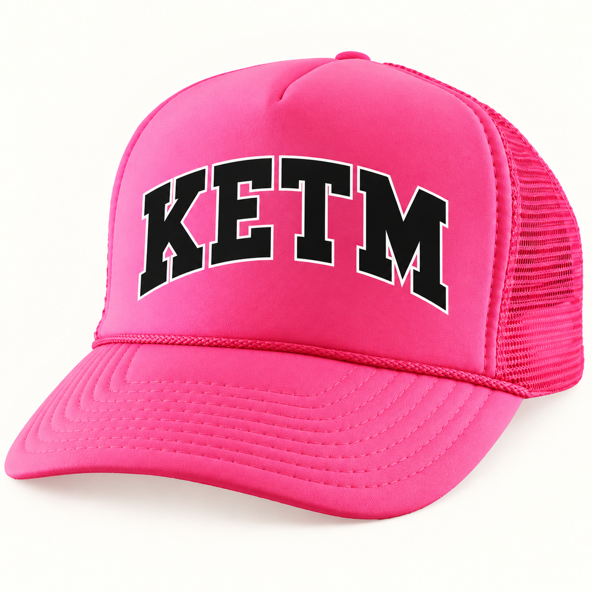 KETM foam-front trucker hat in Hot Pink, arched DTF logo mockup