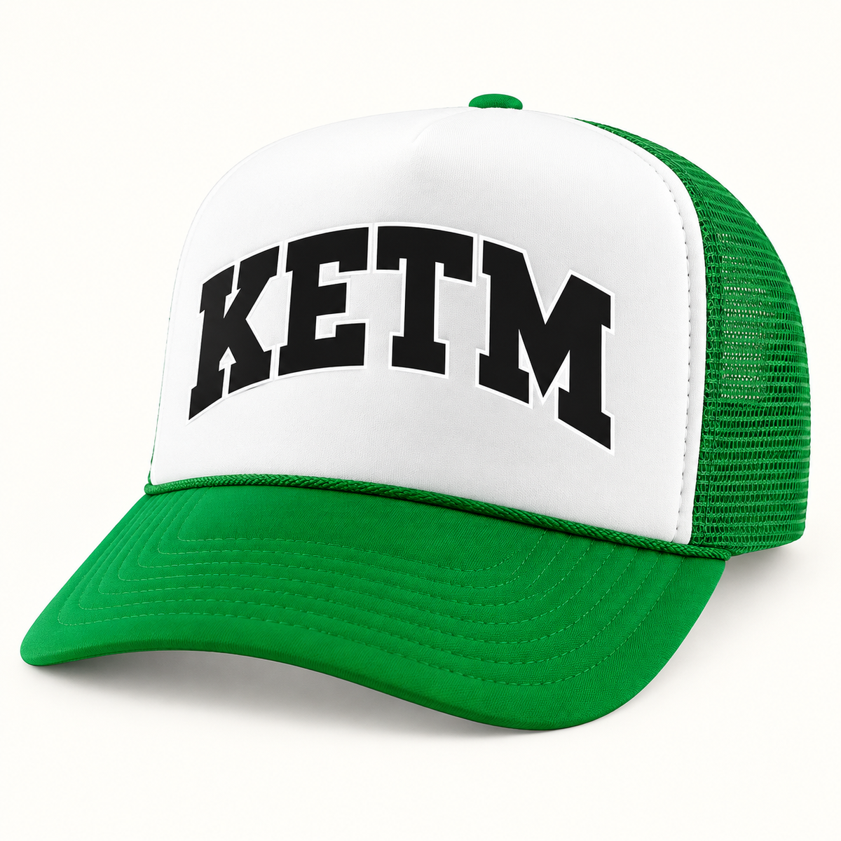 KETM foam-front trucker hat in Kelly Green White, arched DTF logo mockup