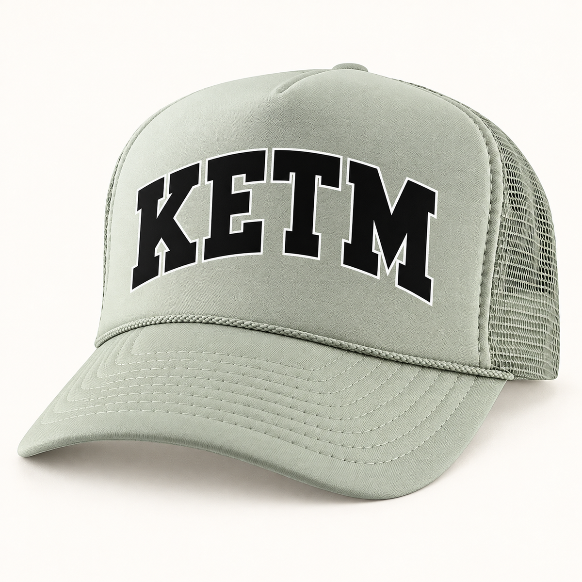 KETM foam-front trucker hat in Light Grey, arched DTF logo mockup