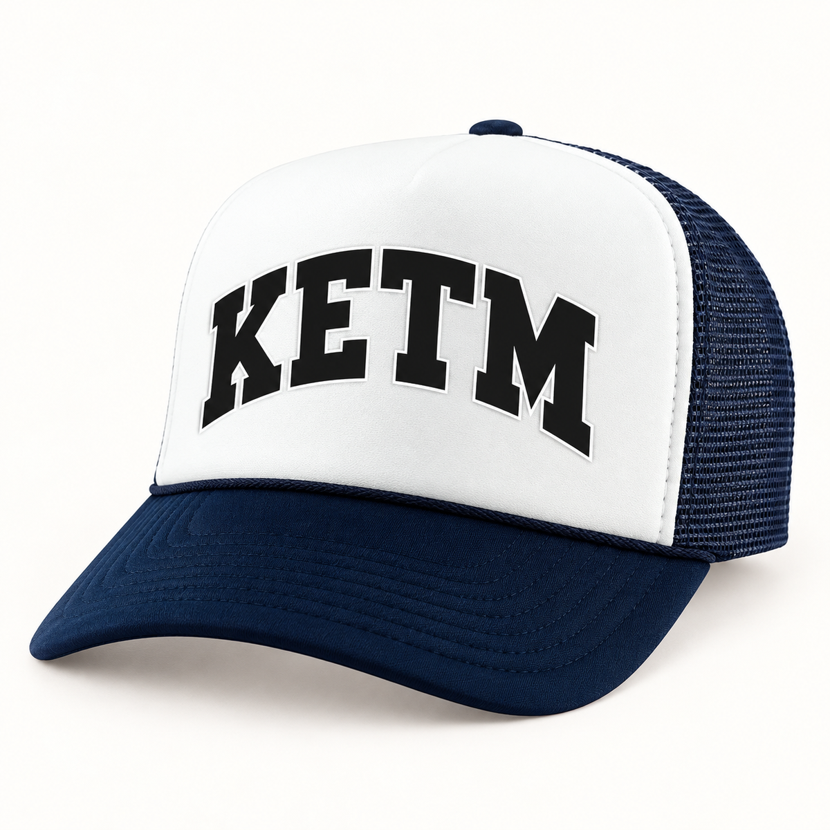 KETM foam-front trucker hat in Navy White, arched DTF logo mockup