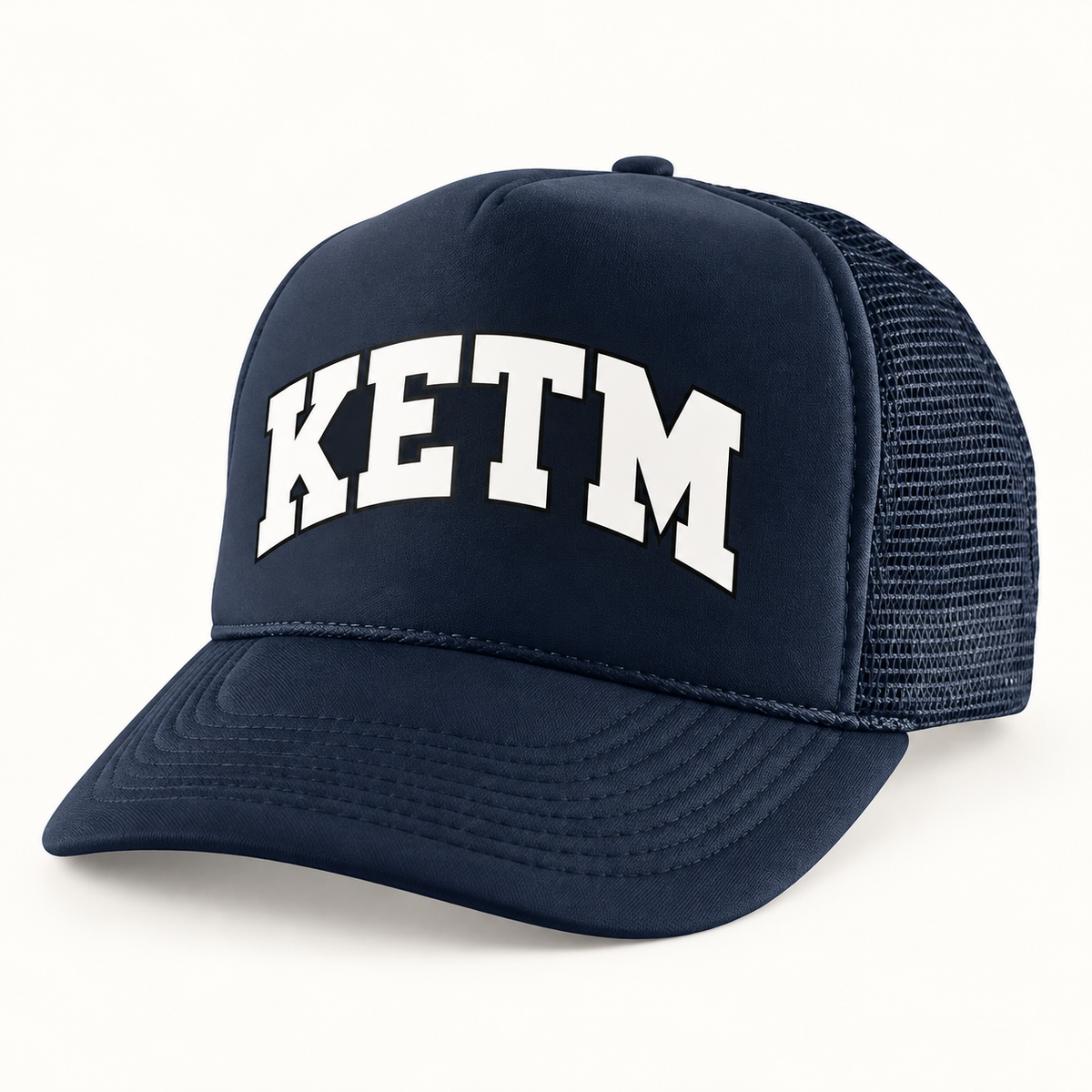 KETM foam-front trucker hat in Navy, arched DTF logo mockup