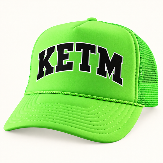 KETM foam-front trucker hat in Neon Green, arched DTF logo mockup
