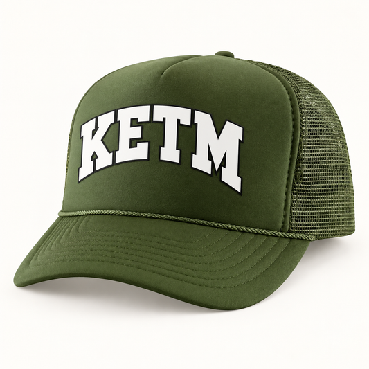 KETM foam-front trucker hat in Olive, arched DTF logo mockup