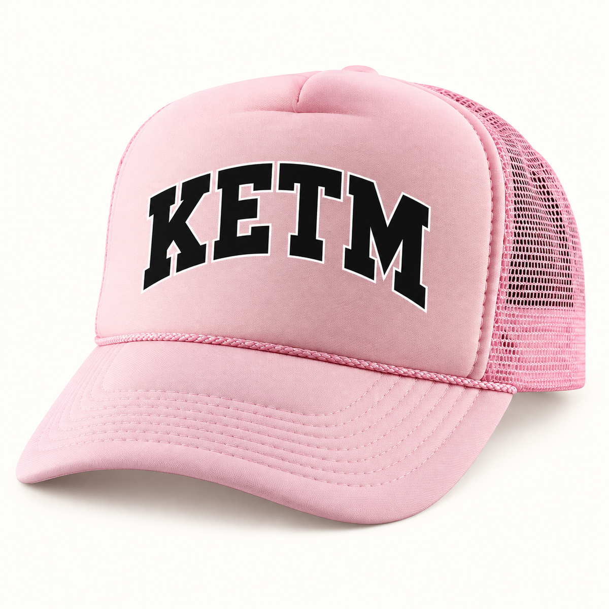 KETM foam-front trucker hat in Pink, arched DTF logo mockup