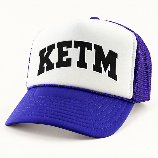 KETM foam-front trucker hat in Purple White, arched DTF logo mockup