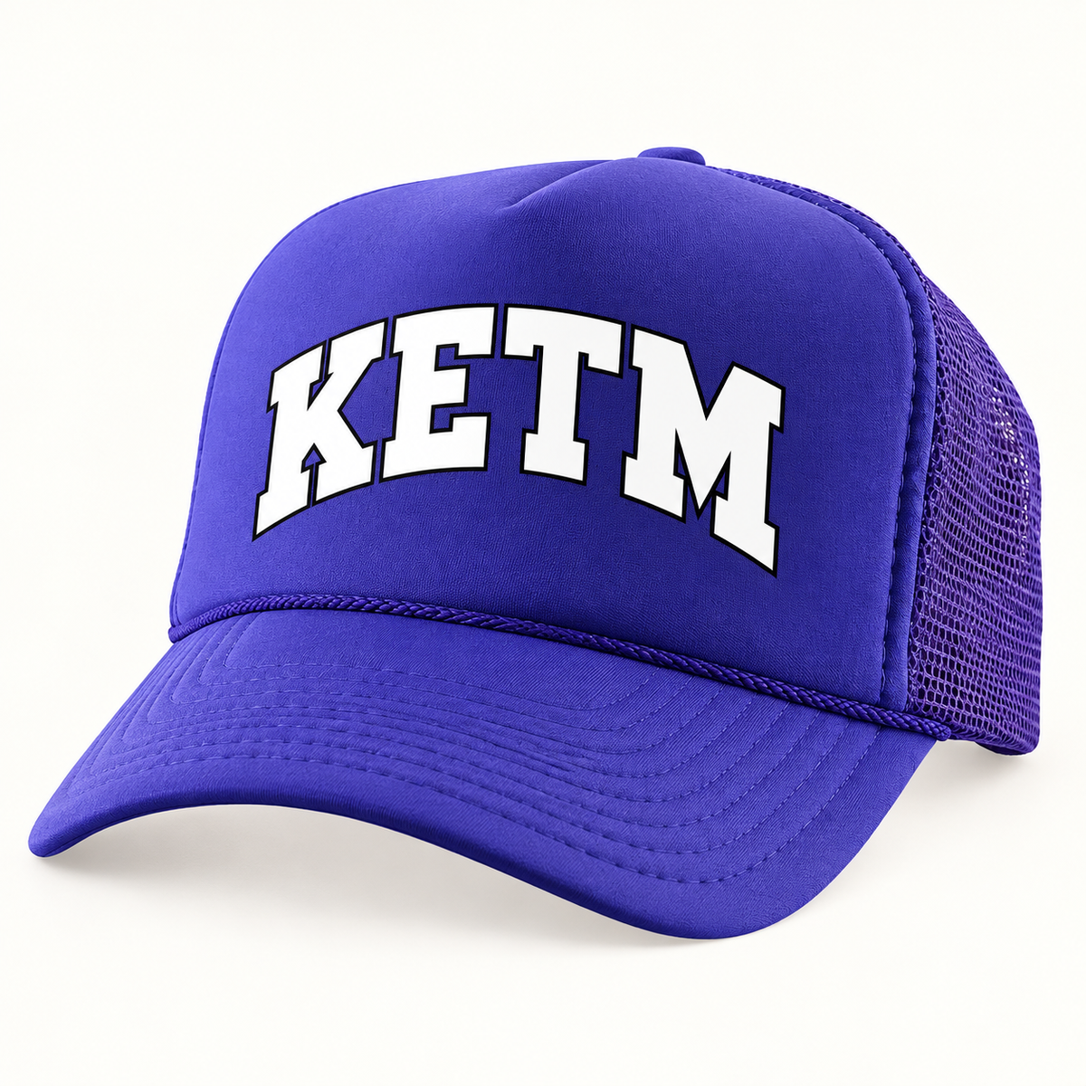 KETM foam-front trucker hat in Purple, arched DTF logo mockup