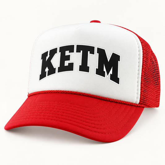 KETM foam-front trucker hat in Red White, arched DTF logo mockup
