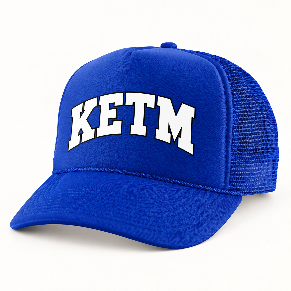 KETM foam-front trucker hat in Royal, arched DTF logo mockup