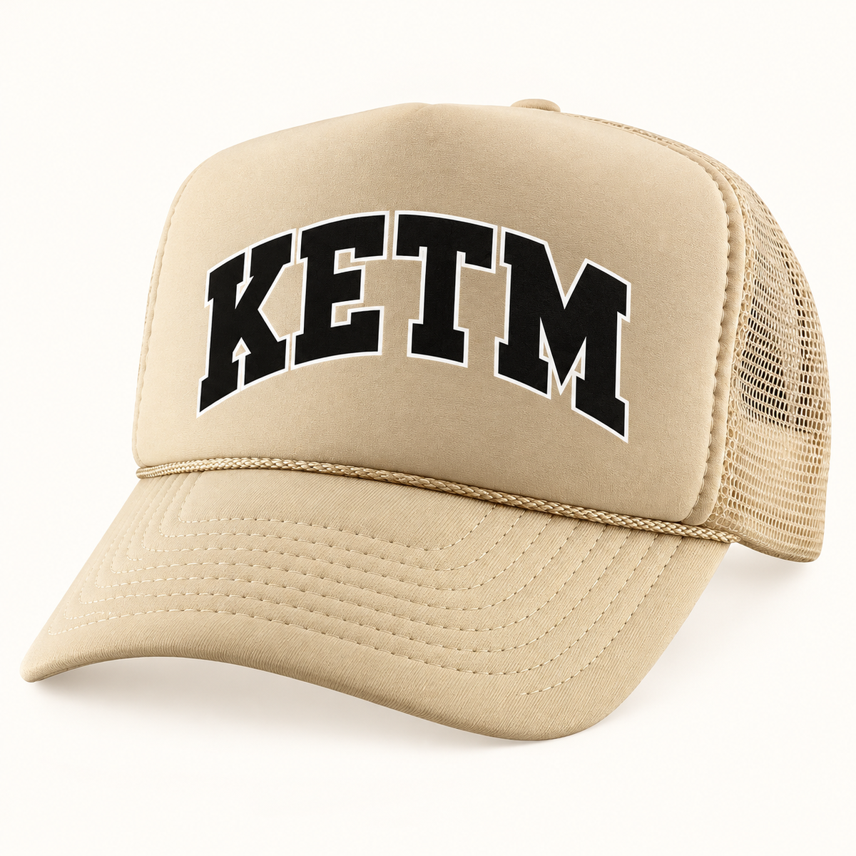 KETM foam-front trucker hat in Sand, arched DTF logo mockup, approximate color