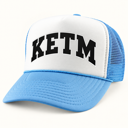 KETM foam-front trucker hat in Sky blue White, arched DTF logo mockup