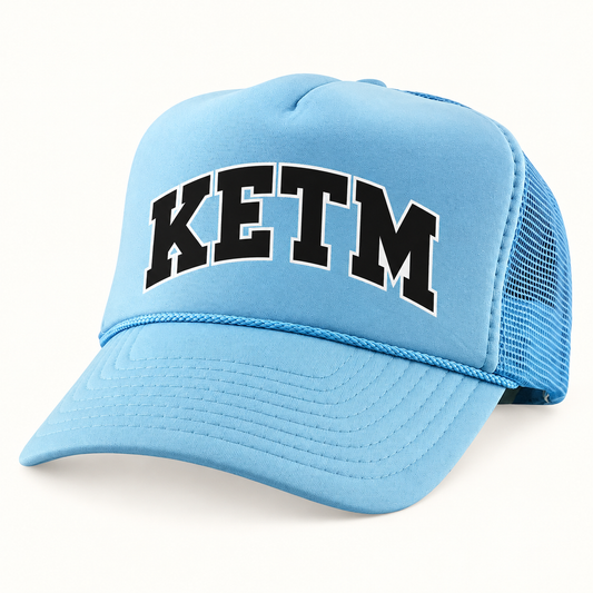 KETM foam-front trucker hat in Sky blue, arched DTF logo mockup